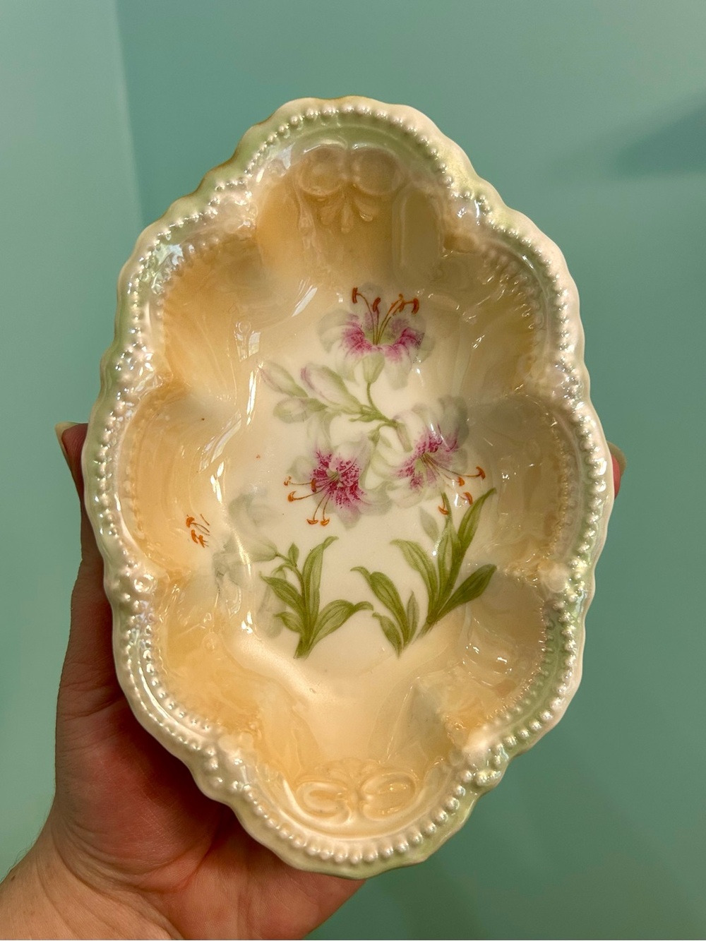 VTG Lily Floral Green Border Scalloped Trinket Dish Soap German Porcelain Pretty